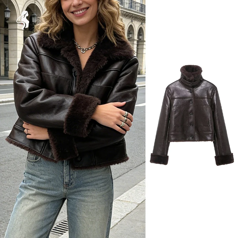 

Women's Brown Shearling Leather Jacket, Cropped High Collar Button-Front Coat with Faux Fur Trim, Vintage Style Winter Outerwear