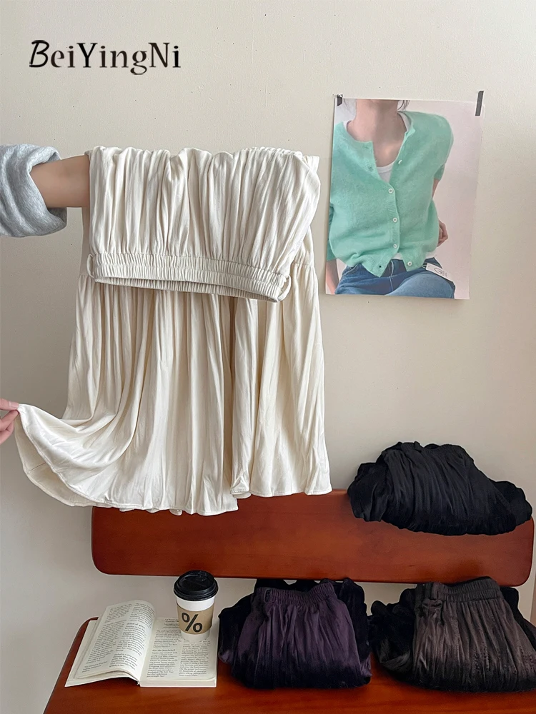 

Beiyingni Winter Casual Pleated Skirts for Women Solid Color Korean Simple A-line Midi Velvet Skirt Female Elastic Waist Faldas