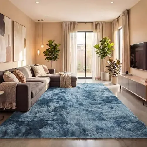 VIKAMA Dark Blue Tie Dye Shaggy Rug Fluffy Long Pile Area Rug Non Slip Soft Plush Carpet for Living Room Bedroom Home Decor