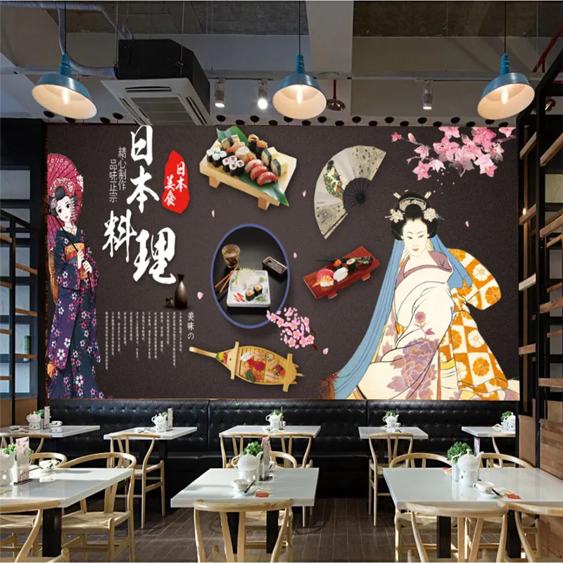 Kimono Lady Cherry Blossom Japanese Cuisine Sushi Restaurant Wallpapers Industrial Decor Background Wall Paper Papel De Parede