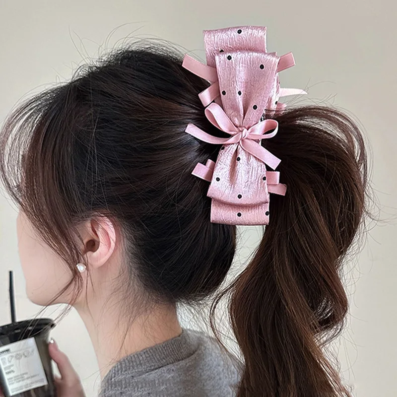 

Sweet Girls Fabric Polka Dot Bow Banana Hair Clip Vintage Elegant Ponytail Claw Clip Casual Korean Fashion Hair Barrettes