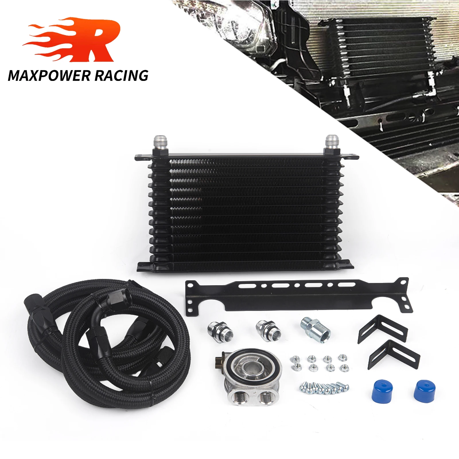

Black 1 Set 13 Rows T-MODEL Oil Cooler Kit+Thermostat Oil Filter Sandwich Adapter+Nylon Steel Braided AN10 Hose+Mounting Bracket