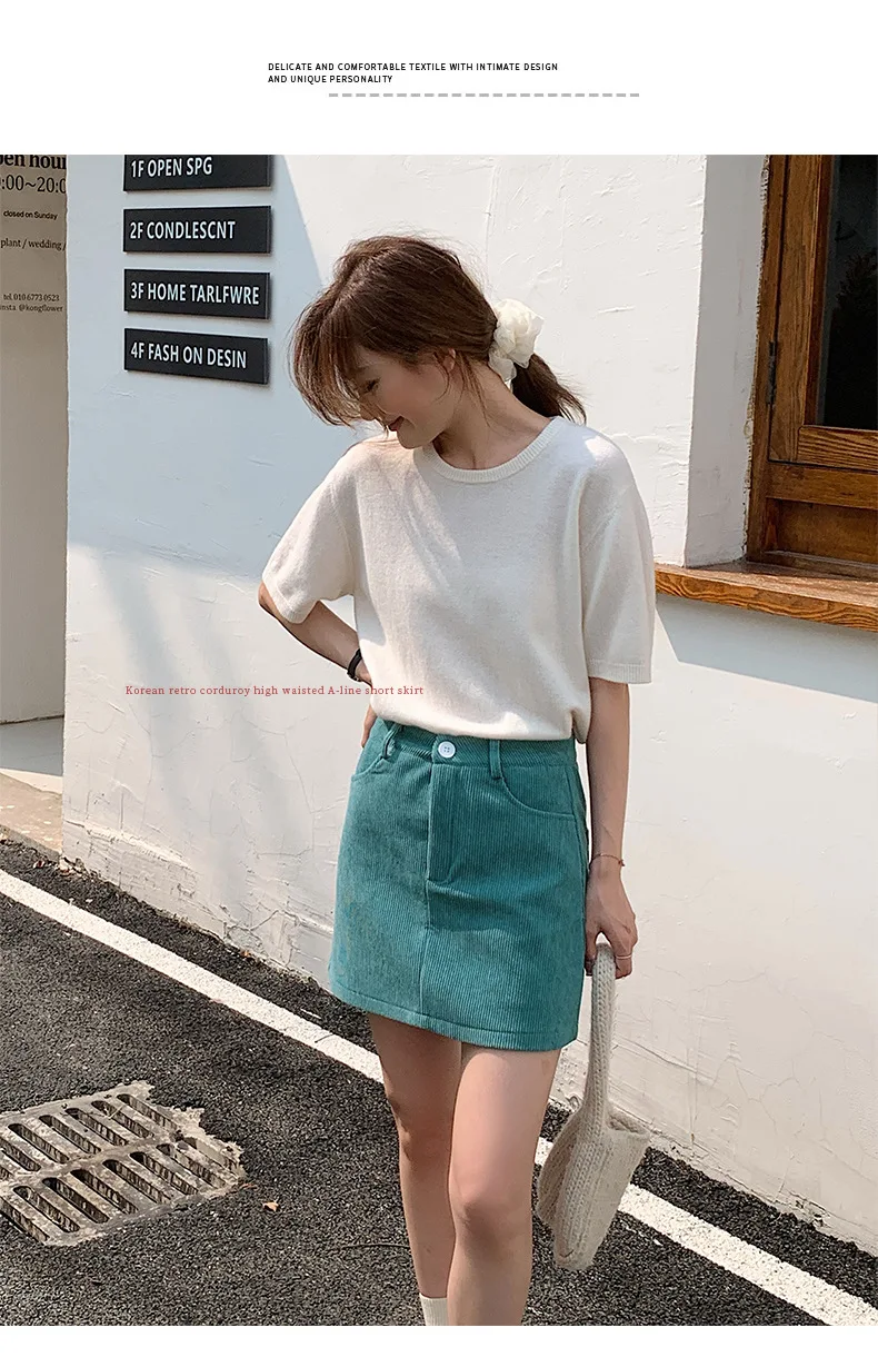 Women's High-Waist A-Line Short Skirt Spring Autumn Retro Brown Corduroy Skirts Woman Solid Color Straight Leg Pencil Skirt Mini