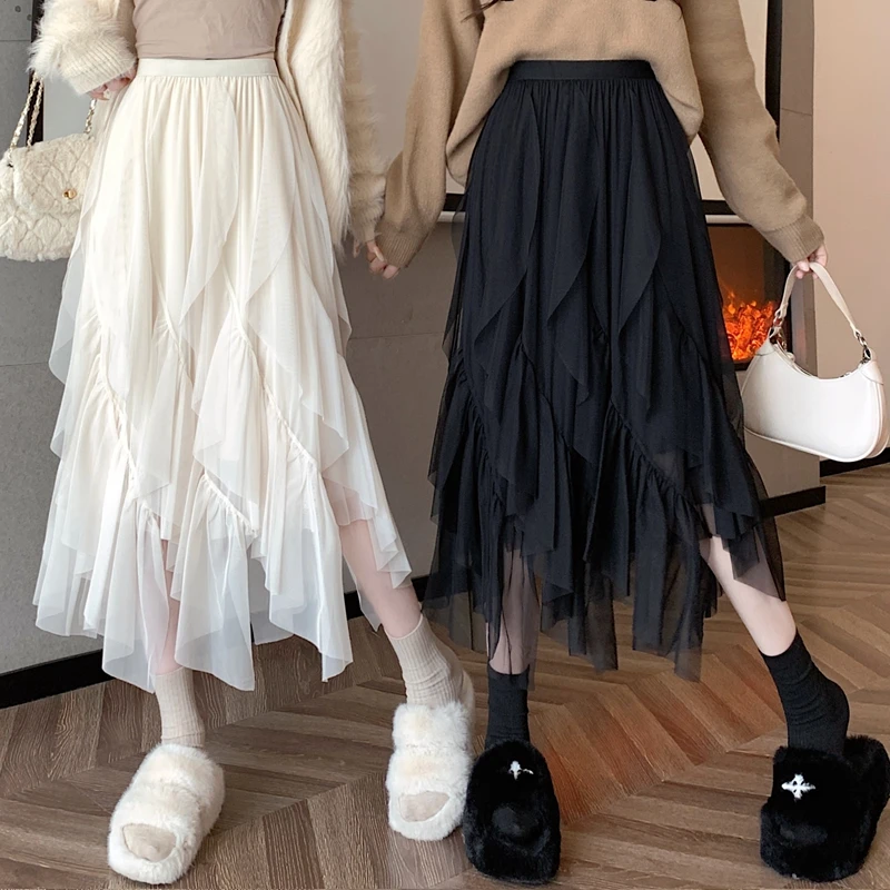 

Женская модная многослойная пышная юбка-миди А-силуэта из белого тюля с высокой талией, весенний сезон, полиэстер...