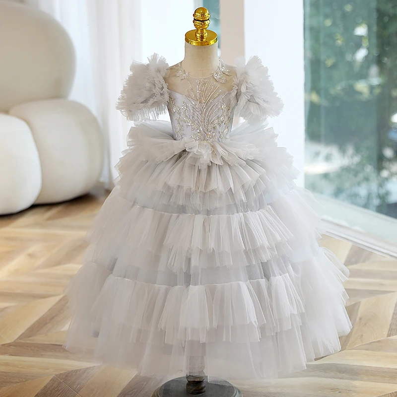 Girl Kids Piano Performance Dress Tulle Layered Princess Evening Dresses Children Sequin Ankle-Length Formal Ball Gown