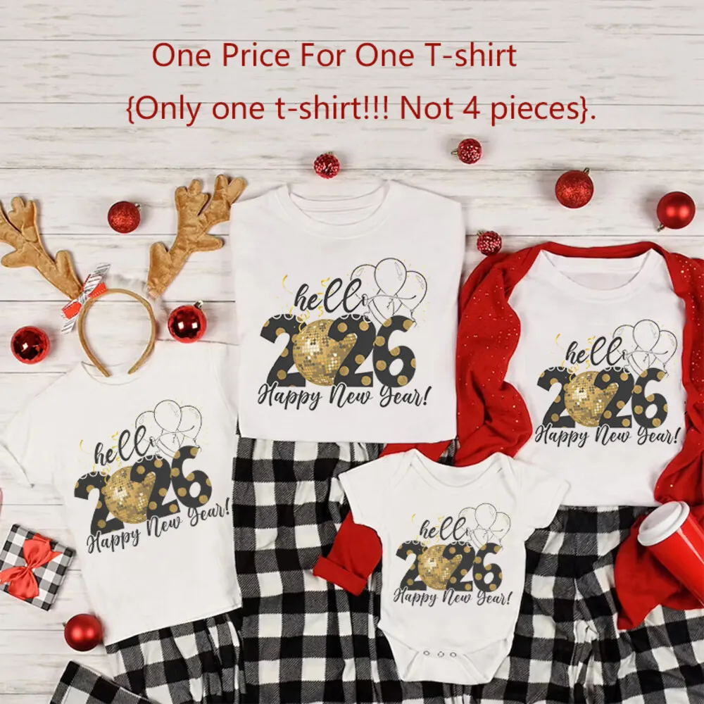 مرحبا 2026 الأسرة مطابقة الملابس سنة جديدة سعيدة أبي أمي الاطفال قميص الطفل رومبير الأسرة تي شيرت عطلة حفلة نظرة الزي تيز