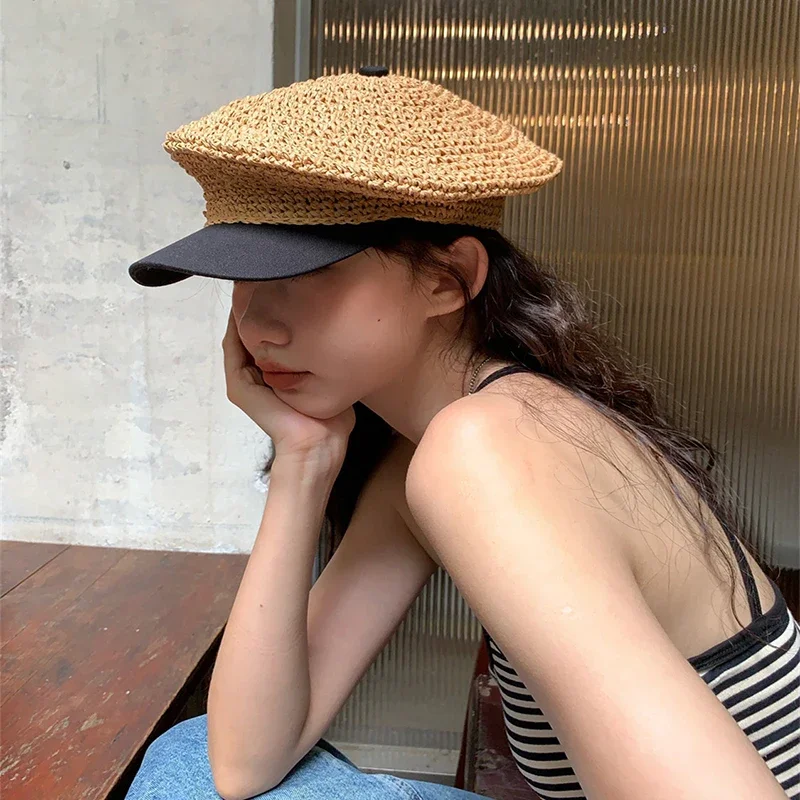 Summer Straw Weaving Beret Cap Women Vacation Outdoor Beach Straw Hat Adjustable Splicing Hats Elegant French Beret for Women