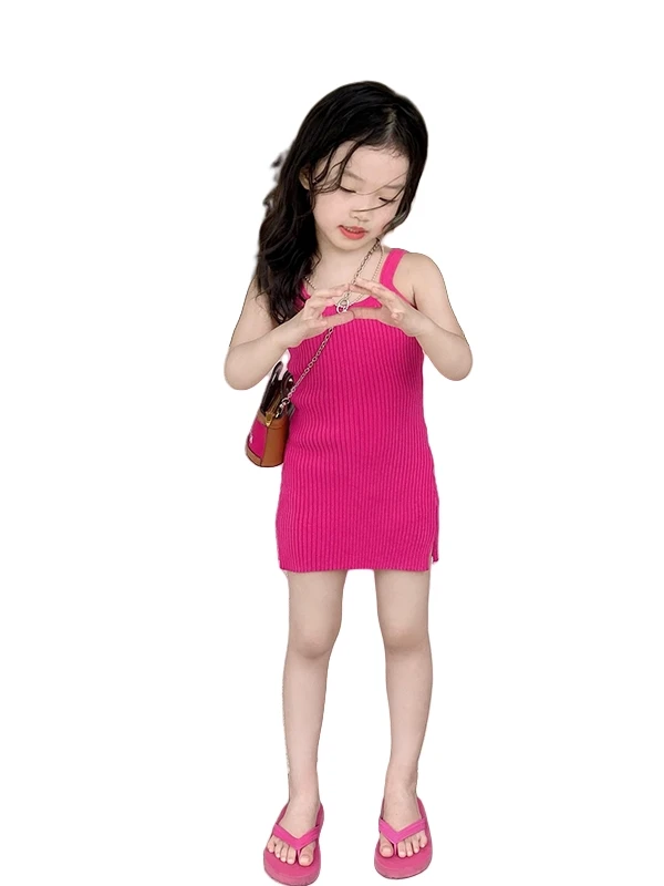 

Girls Summer Strap Dr Knitted Slim Fit Midi Skirt Rose Red Color Children's Faion Dopane Sle Korean Version Dr