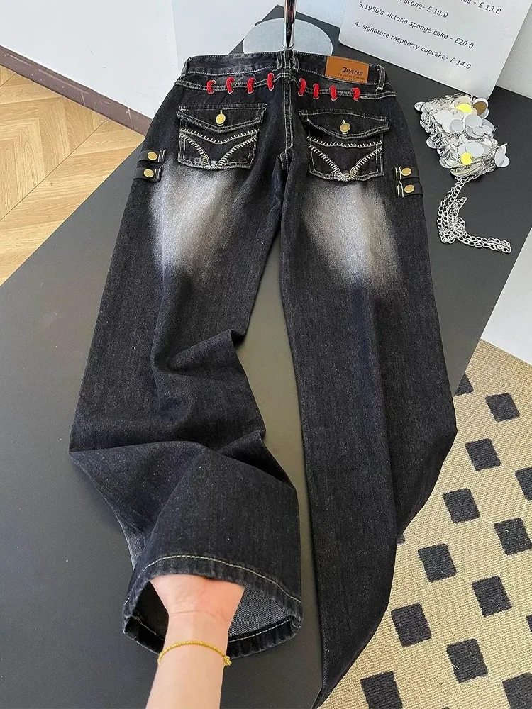 

Джинсы в стиле ретро-американского дизайна, деконструированные, для женщин, летние, в стиле Spicy Girl, свободные, прямые, в пол