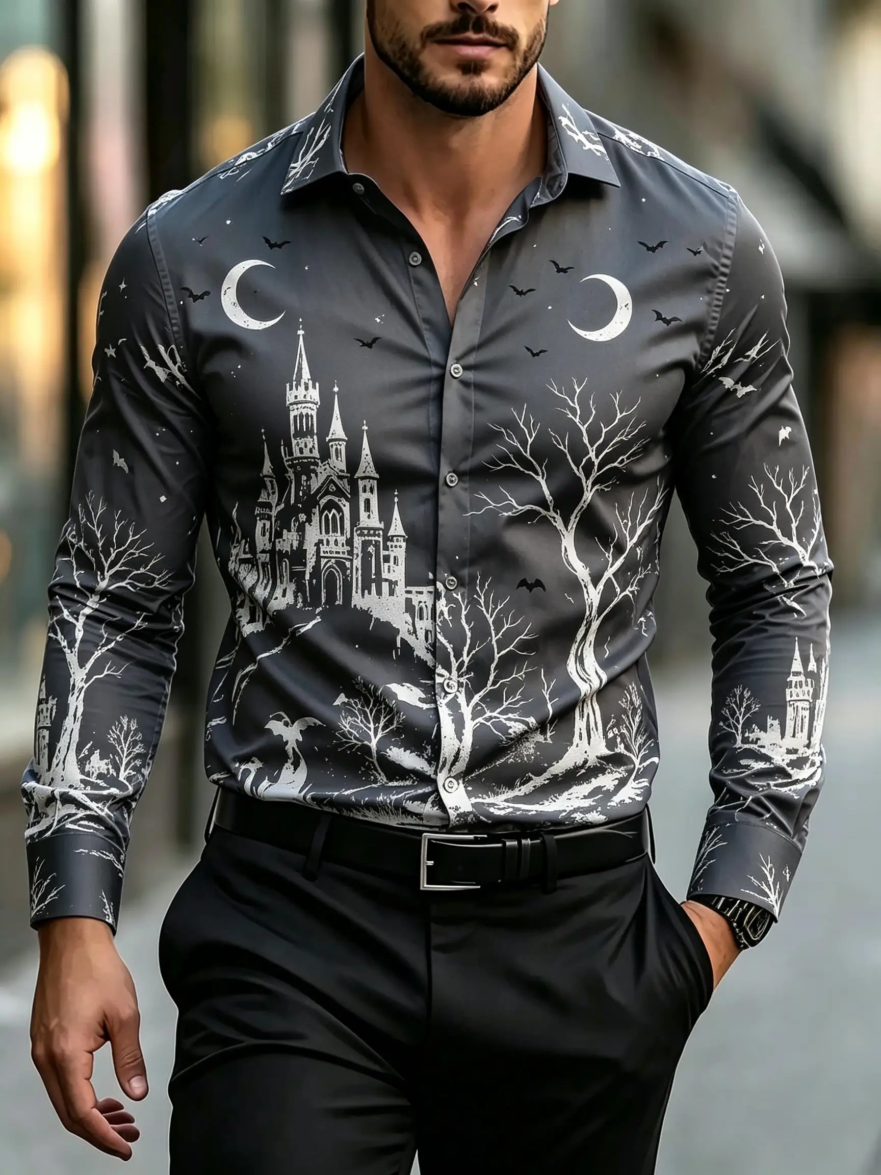 2026 Halloween Men's Long Sleeve Shirt Pumpkin Bat Candy Print Fashion Loose Fit Daily Wear Tops Gift For Men