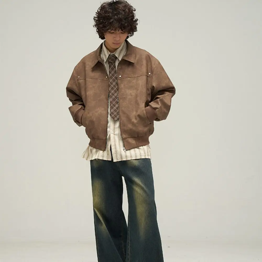 Jaket Pria Longgar Modis Warna Solid Mantel Tebal dengan Ritsleting Tahan Angin Lengan Panjang Jaket Penerbangan Gaya Amerika