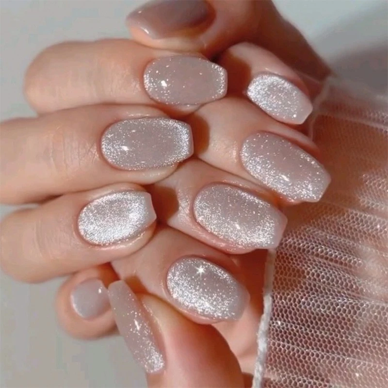 

Nude Pink Sparkling Cat Eye Wearable Nail Art Fashion Shiny Fake Nails Detachable Finished False Nails Press on Nails with Glue