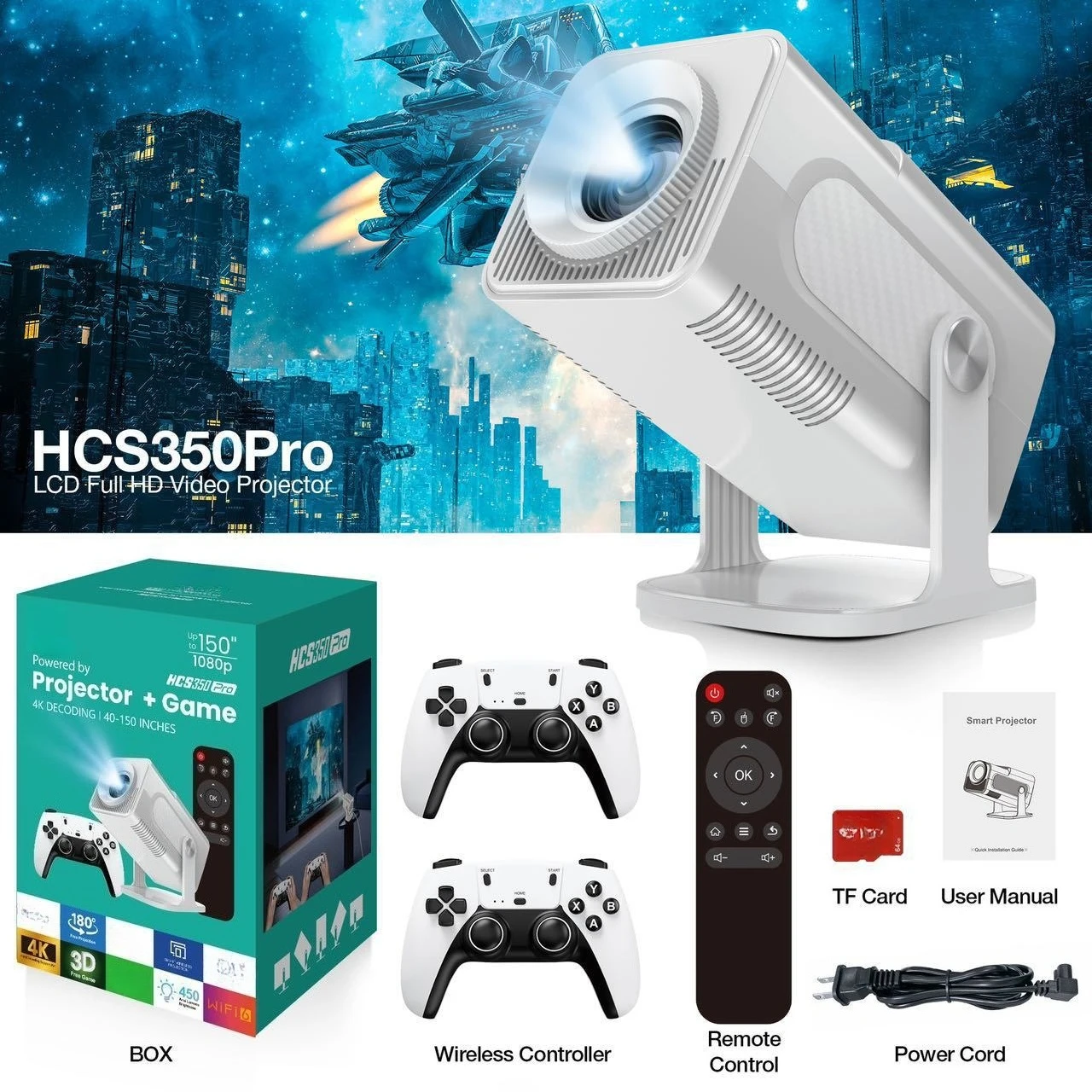 HCS350Pro Projector PSP Mini Game Console Android WiFi high definition 4K Mini Projector