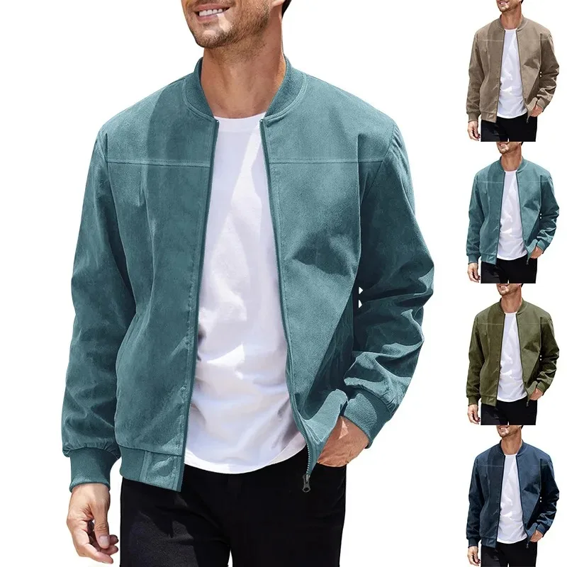 

Suede Solid Color Zipper Jacket Casual Vintage Long Sleeve Cardigan Jacket Men Varsity Jacket Men Denim
