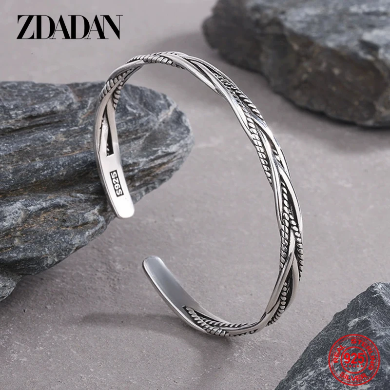 ZDADAN 925 فضة خمر التقلبات المفتوحة الكفة سوار وأساور للنساء مجوهرات الأزياء