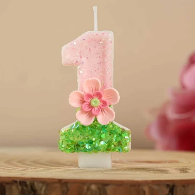 Pink sparkling birthday candles, flower shaped digital cake top, suitable for decorating cakes at girls' birthday parties