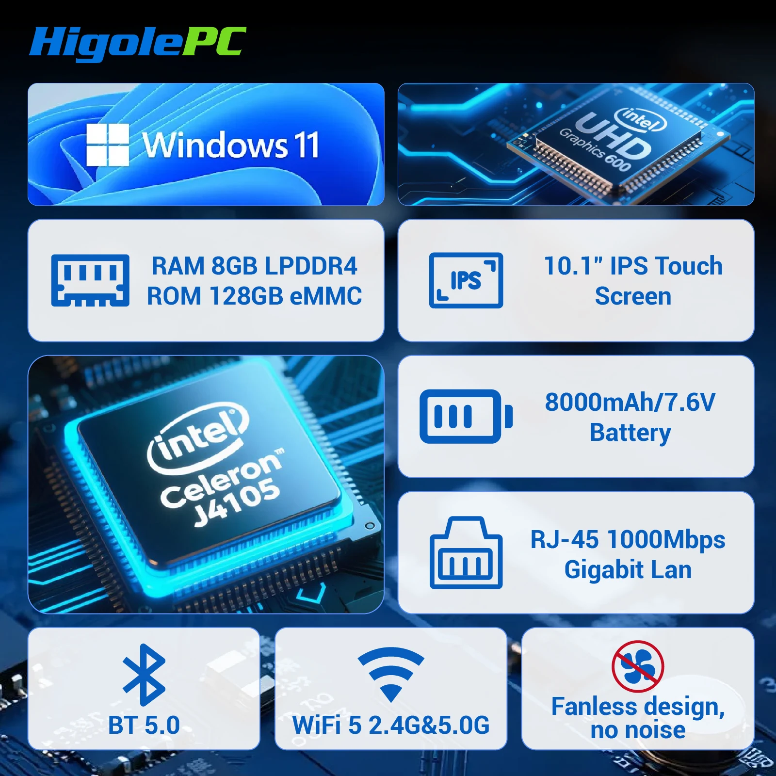 Higole F7G 10.1" Tablet PC robusto senza ventola Intel J4105 Windows 11 WiFi5 8GB 128GB 8000mAh 4K RS232 Scanner Tablet industriale IP67