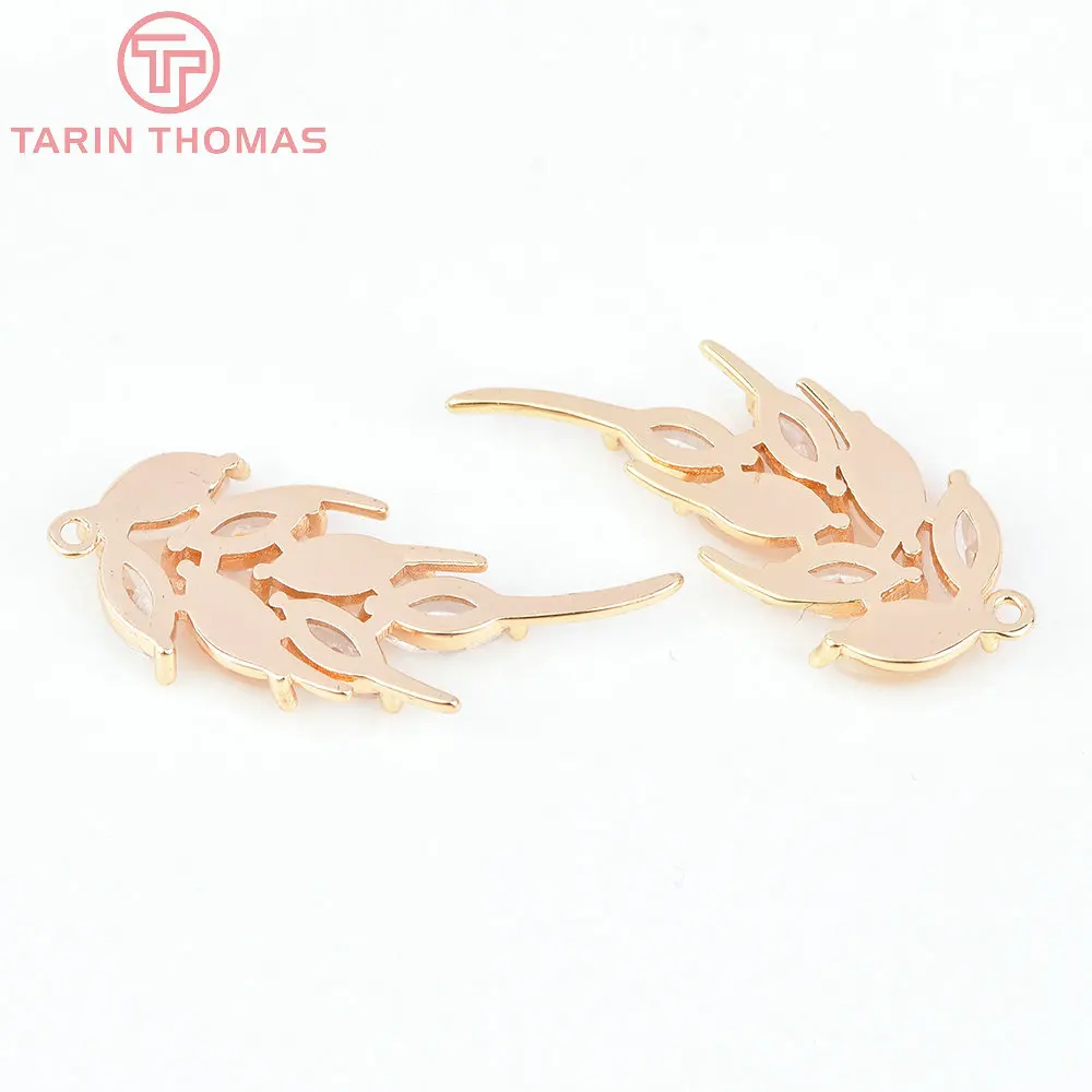 (7139) 4PCS 11x27MM 24K Gold Color Brass with Zircon Feather Charms Pendants Jewelry Making Findings Accessories Wholesale