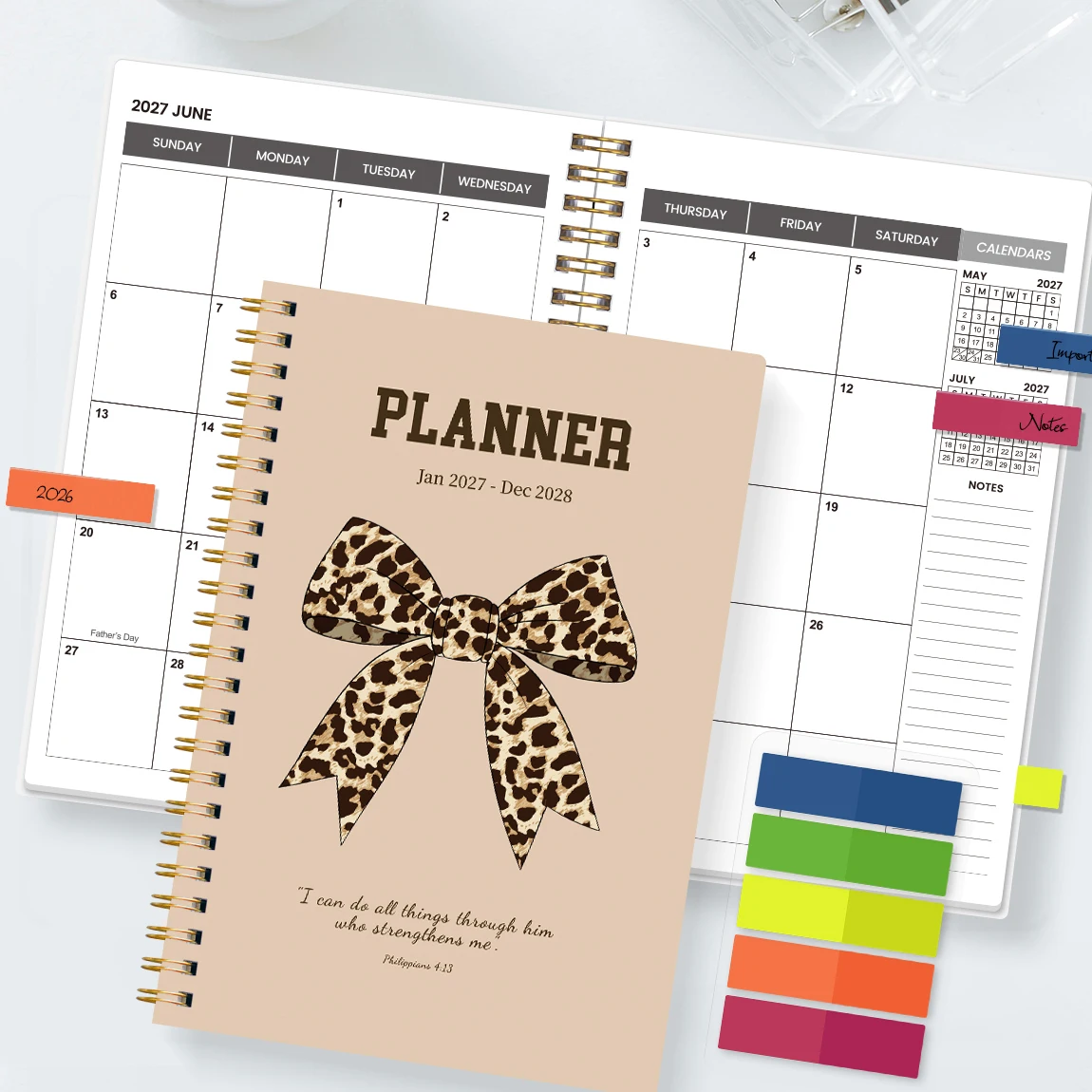 1PC 2027-2028 A5 Monthly Planner Notebook with Color Index Tabs, Beige Leopard Bow Spiral Organizer for Work & Daily Planning