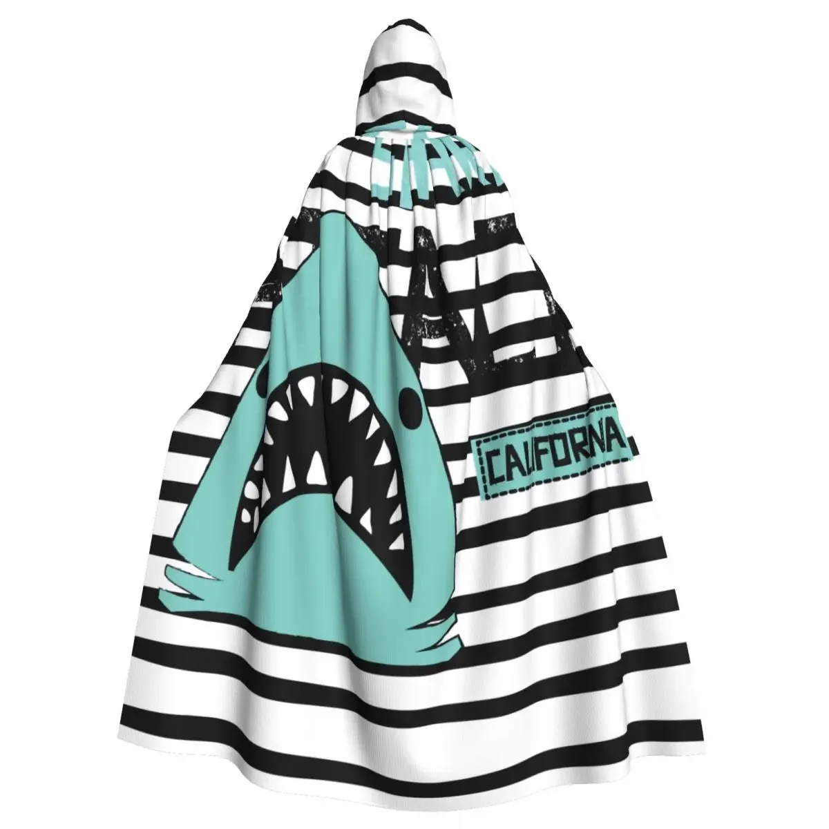 Adult  Cape Hooded Shark On Striped  Attack Medieval Costume Witch Wicca Vampire Elf Purim Carnival Party