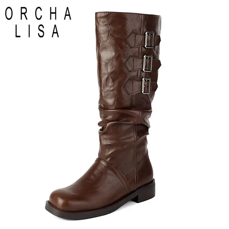 

ORCHA LISA 2025 Модные женские ботинки с квадратным носком на толстом каблуке 3,5 см, без шнуровки с пряжками на ремне, большие размеры 44 45 46 Ботильоны для отдыха и свиданий