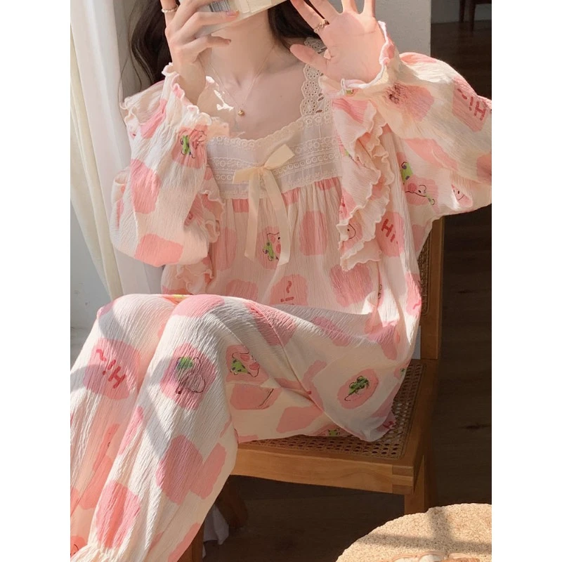 Ins Style Sweet  Lovely Big Star Pajamas Women Spring Autumn Long Sleeves and Pants Cartoon High Appearance Level Home Wear Set