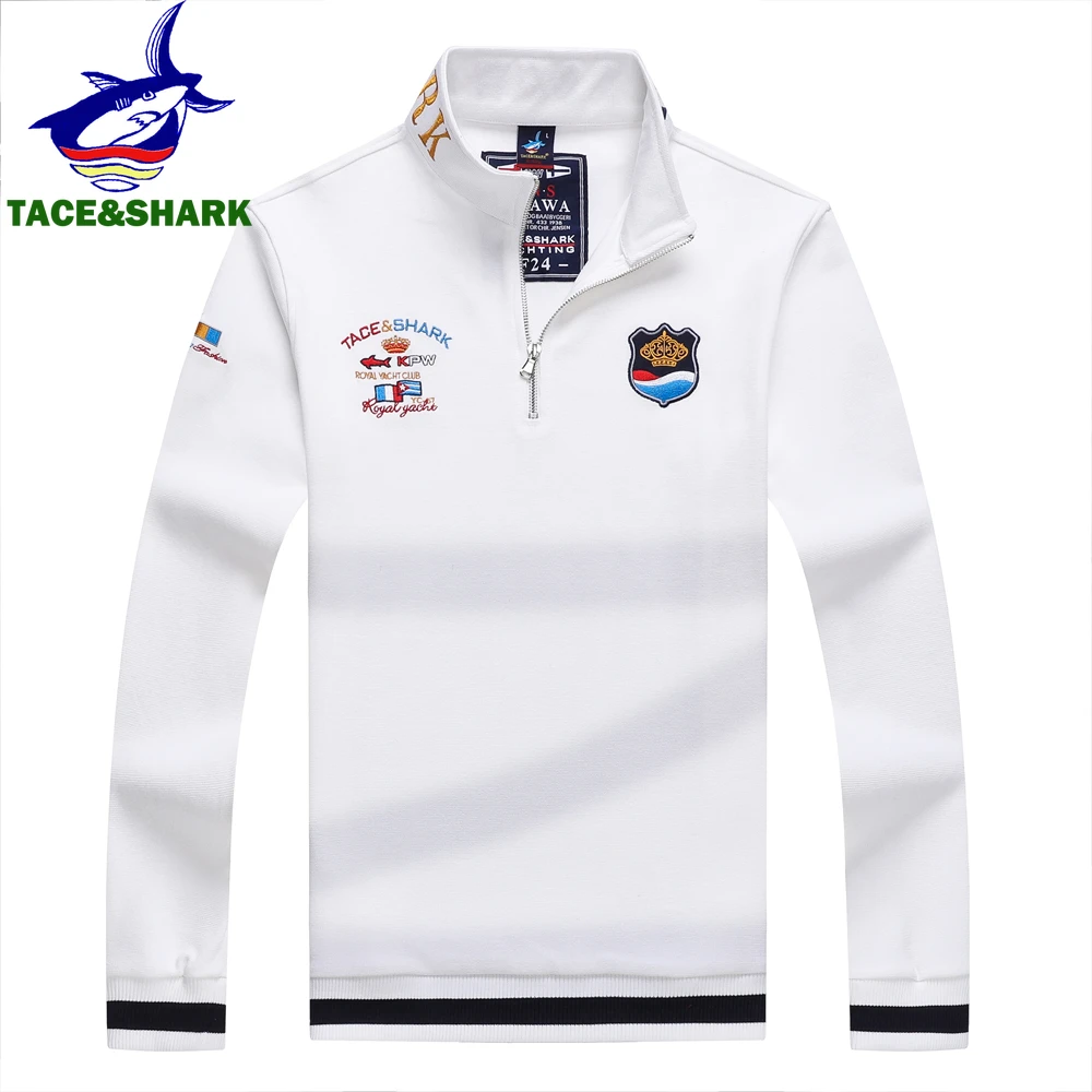 

TACE&SHARK Fashion Men‘s Shark Embroidery Long Sleeve Polo Shirt Cotton Casual Wear Business Solid Color Tops