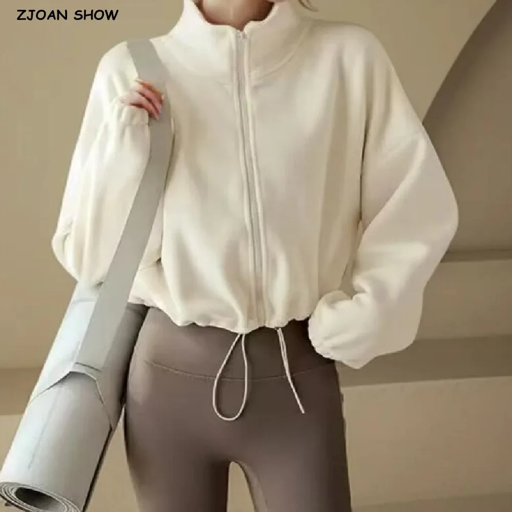 2024 Autumn Winter ZIP UP Stand Collar Fleece Sweatshirt Women Drop Sleeve Drawstring Cropped Short Loose Jumper Yoga Sweats