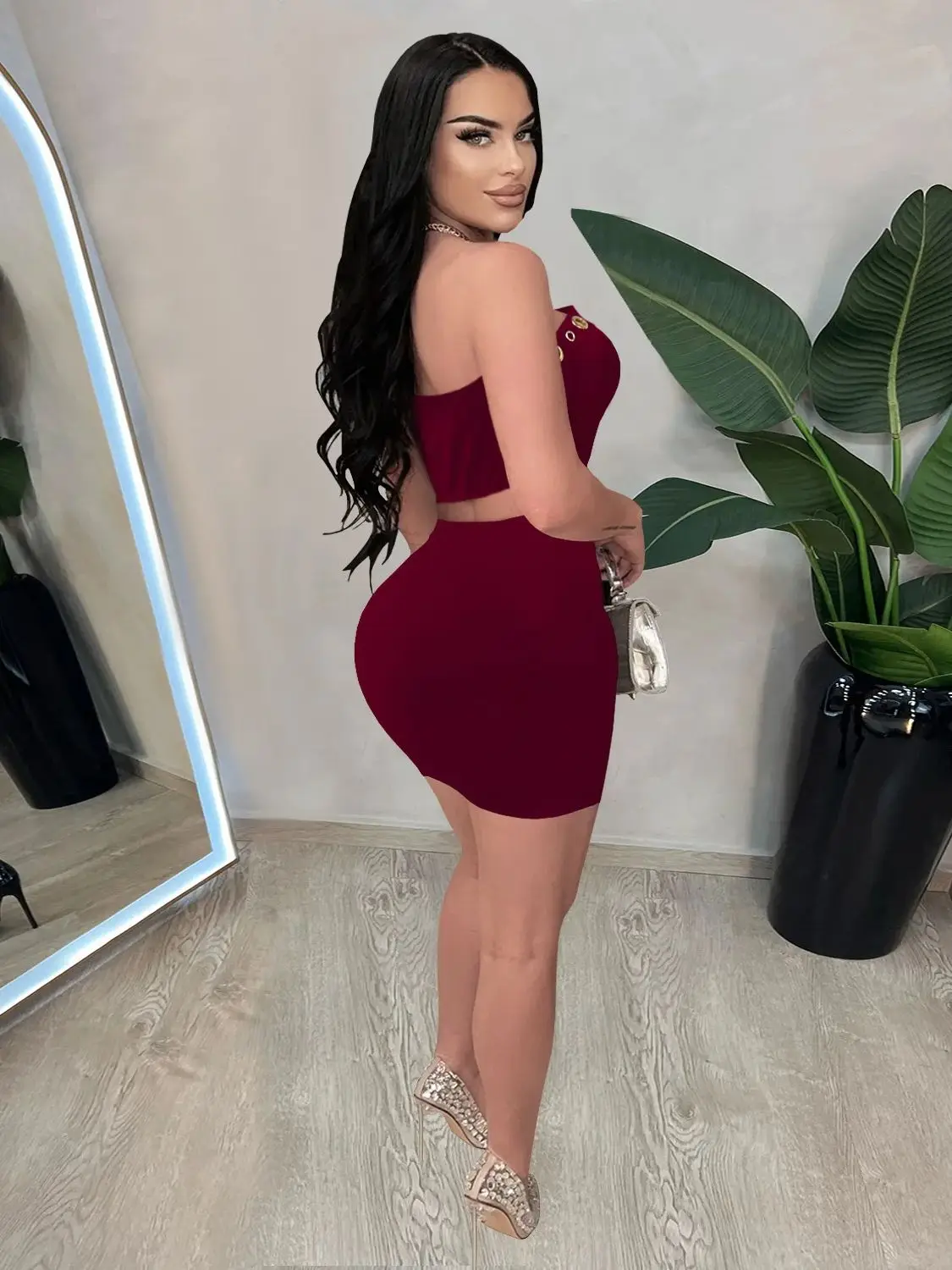 Nibber Y2K 2-delige set dames onregelmatige cirque hipster split strapless tops + perzik heuprokken middernacht feest bijpassende clubwear