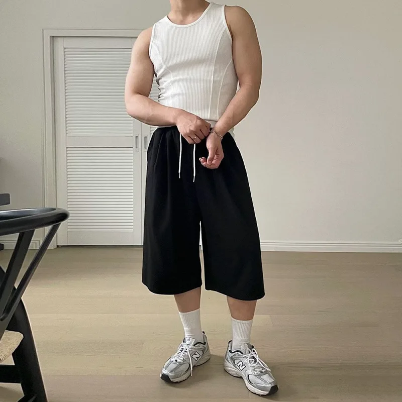 KIDWHXR Man Sweatpant Summer Simple Solid Loose Male Wide Leg Pant Elastic Waist Drawstring Outdoor Sport Men Calf-length Pant