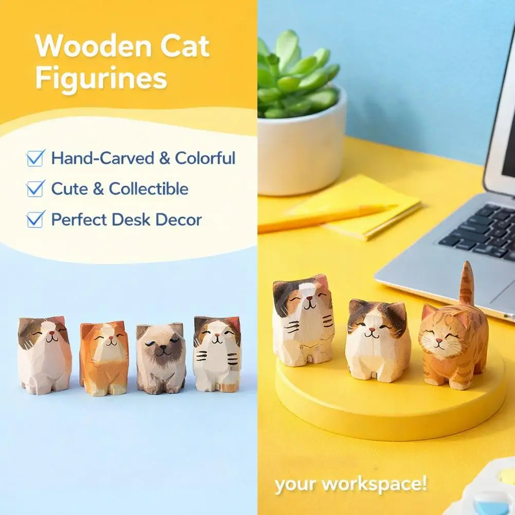 Adorable Hand Carved Wood Cat Figurine Creative Office Desk Decor Cute Puppy Sculpture Gift For Girlfriend Car Ornament