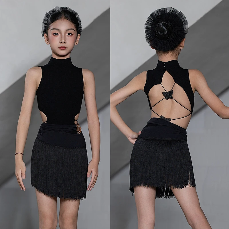 

Latin Dance Costume Girls High Collar Backless Tops Fringed Skirt Cha Cha Dance Competition Dress Practice Dancewear BL19232
