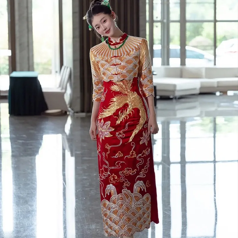 

Chinese Trend Wedding Dress Red Gold Retro Bride Toast Festive Garment Formal Ceremony Vintage Mid Sleeve Cheongsam Phoenix Gown