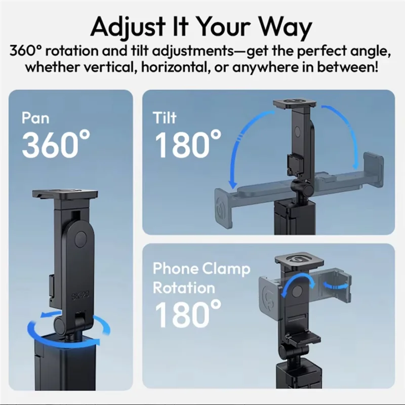 ABDE-Ulanzi SK-20 Suporte para telefone de viagem Tripé dobrável com clipe de telefone e braçadeira inferior para tiro aéreo de mesa multiângulo