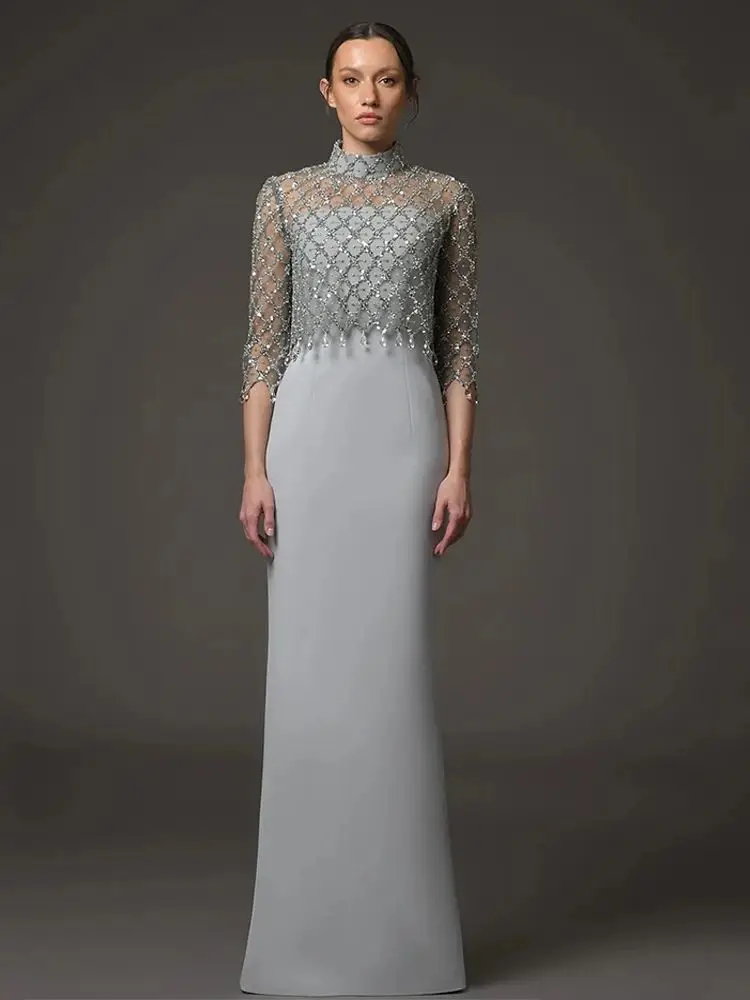 Modisches Abendkleid, maßgeschneidert, 3/4-Ärmel, Stehkragen, Kristallrückenschlitz, Saudi-Abschlussballkleid, tanzende arabische Partykleider
