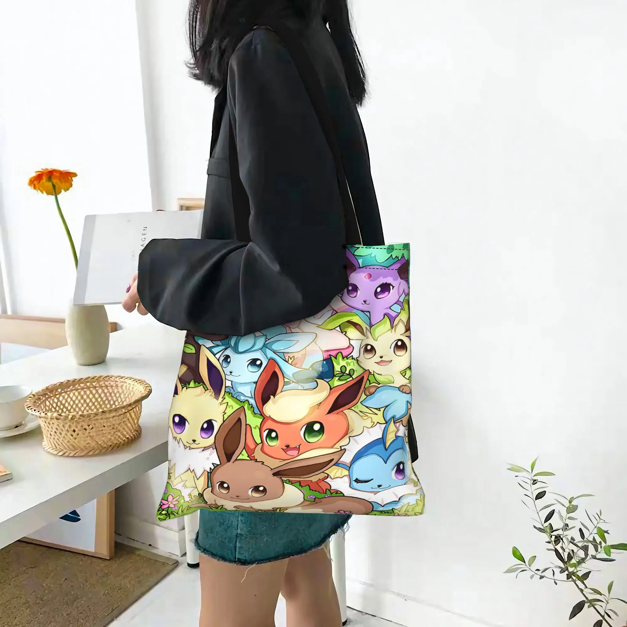 Customized Pokemon Eevee Eeveelution Women's Bag Campus Handbag Large Capacity  Canvas Tote Bag Foldable Chic Pattern