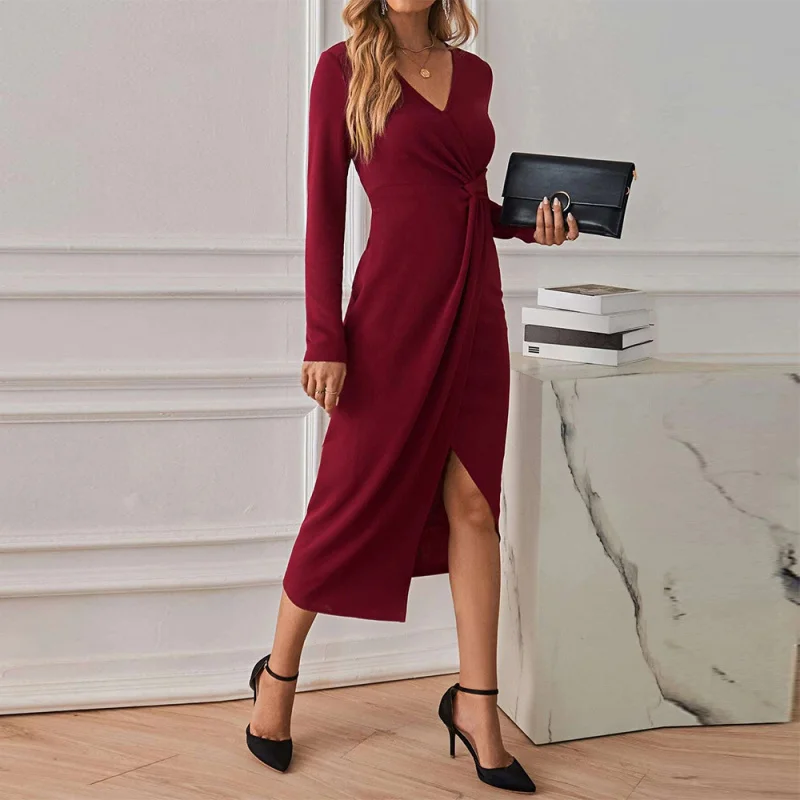 

YQ1-Women's newVElegant Mid-Length Dress with Sexy Slit and Long Sleeves French Style Dress