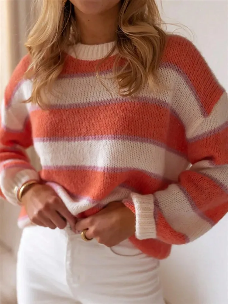 

New Trendy Autumn Winter Striped Long Sleeve Loose Women Knitted Sweater, Casual Lady Basic Pullover Jumper, Y2k Streetwear Tops