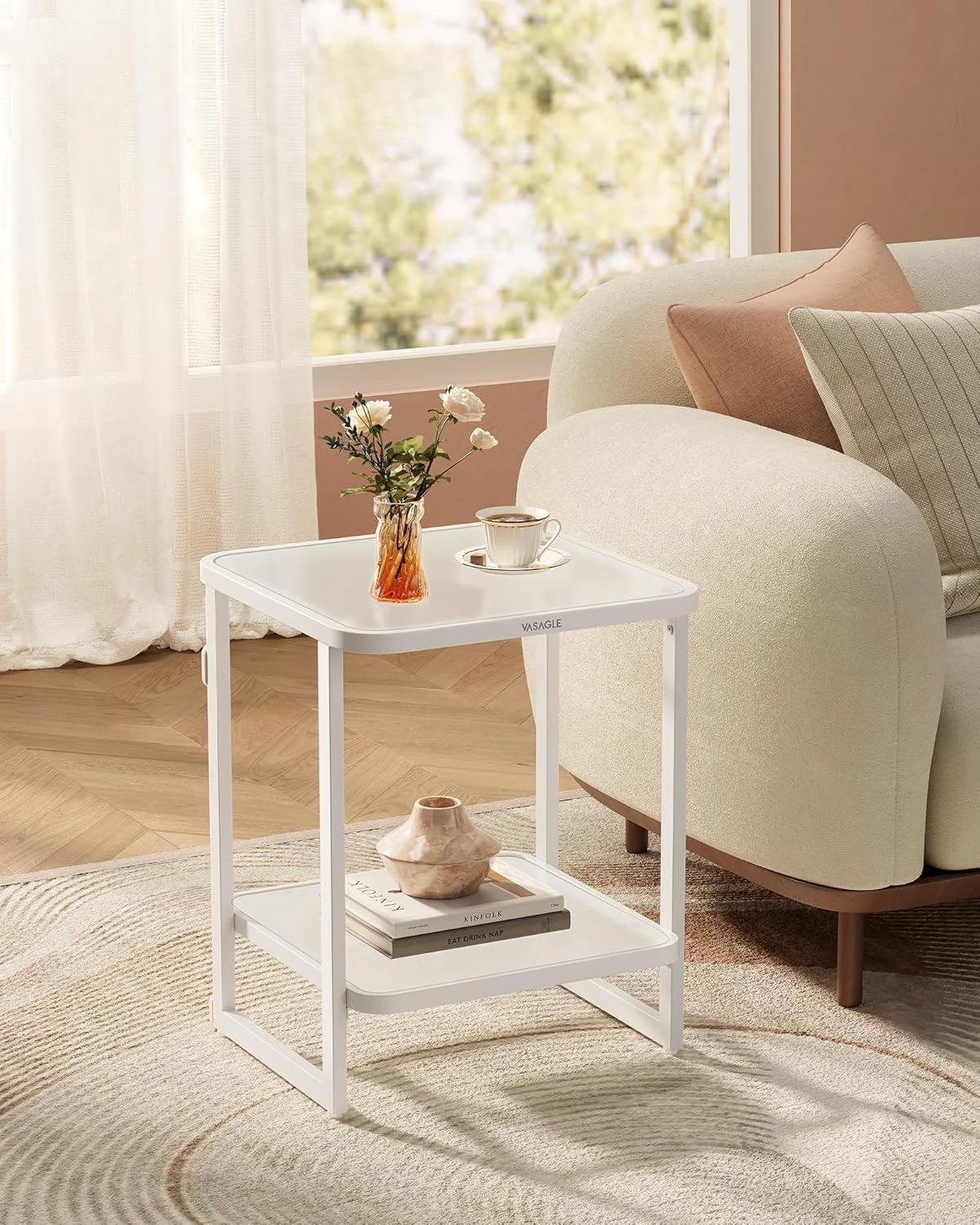 End Table, 2-Tier Side Table with LED Lights, Modern Nightstand, Square Bedside Table, Frosted Glass, Bottom Shelf