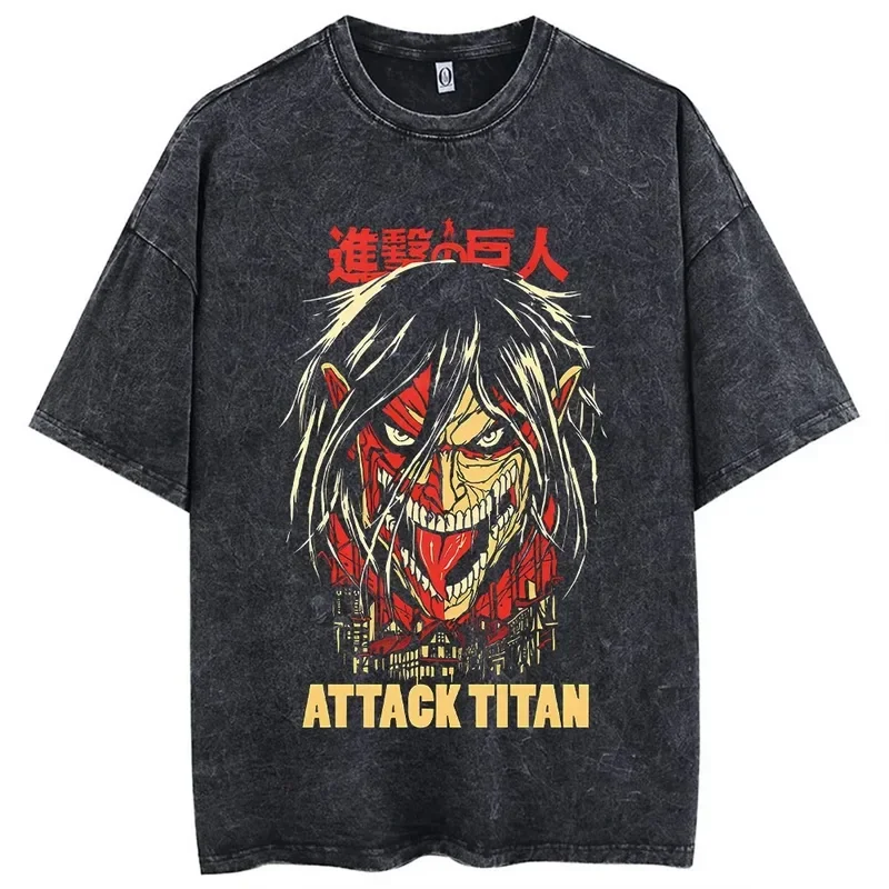 Anime Attack on Titan T-Shirt Hip Hop Oversized Streetwear Vintage Printed Washed Short Sleeve T Shirt Summer Cotton Male Tops