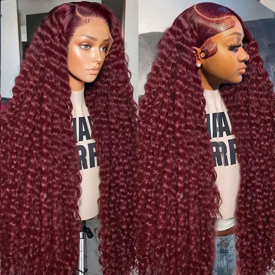 99J Burgundy Curly 13x6 HD Lace Frontal Human Hair Brazilian Remy Red Color Deep Wave Transparent 13x4 Lace Wig For Black Women