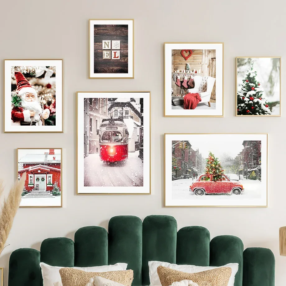 Wall Art Canvas Painting Vintage Red Car Christmas Candy Santa Claus Living Room Decoration Posters And Prints Wall Pictures