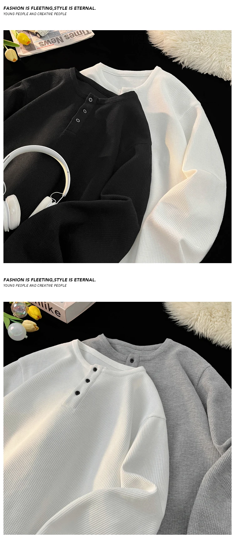 Lässiges Henley-Shirt mit Rundhalsausschnitt und langen Ärmeln für Herren, Waffelstrick, Knopfleiste vorne, entspannte Silhouette, urbanes Alltagsoutfit für Spaziergänge. – Detail 6