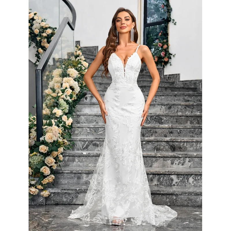

2025 yiyi2025yiyiLadies Dresses Sleeveless Camisole V-neck Sequined Mermaid White Wedding Dress Backless Lace Floor Length Eveni