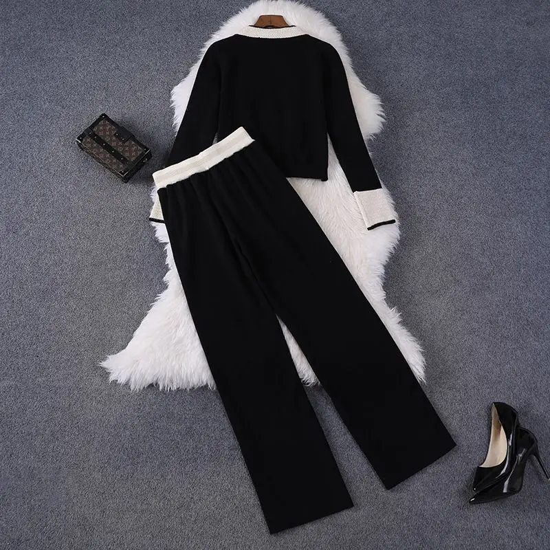 Fashion Knitted Two-Piece Sets Simple V-Neck Single Breasted Cardigan+Loose Wide Leg Pant Autumn Winter Ladies Office Lady Suits