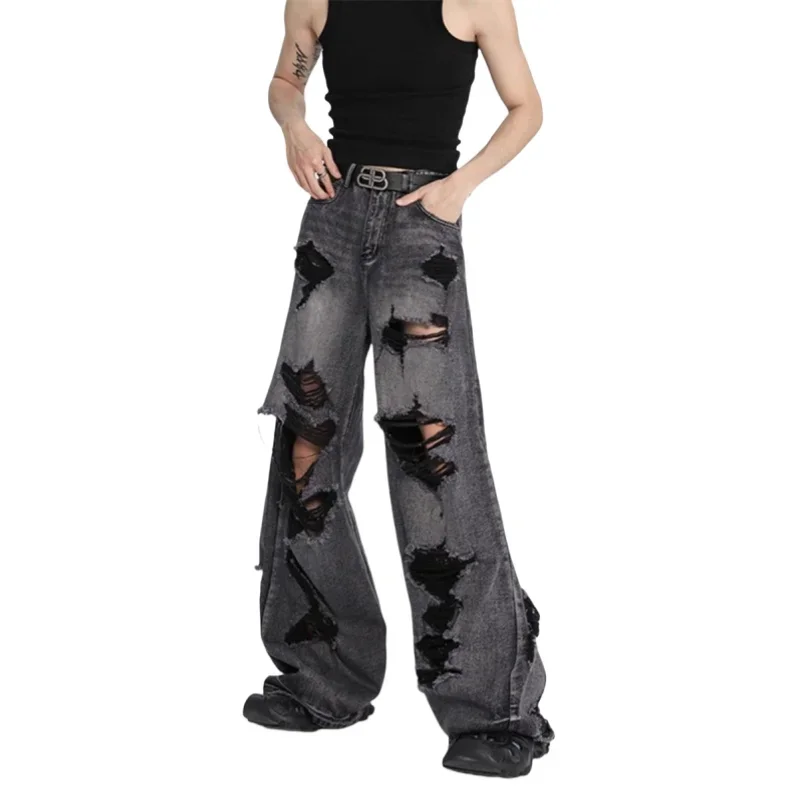 

Мужские повседневные широкие брюки, модные свободные черные джинсы, брюки, мужские джинсовые брюки в стиле хип-поп, винтажные рваные джинсы, уличная мужская одежда