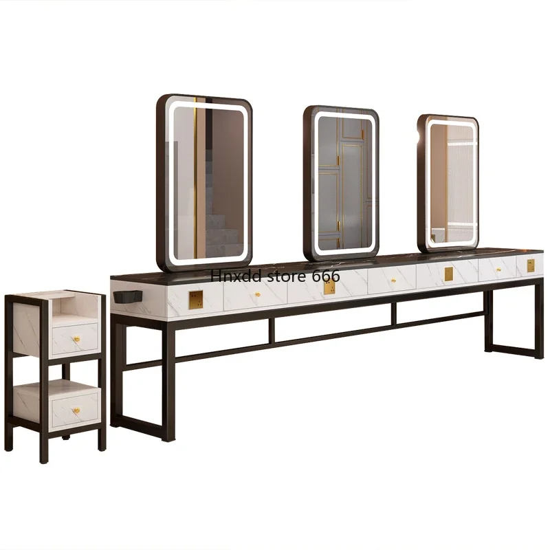 Hair salon mirror table Double-sided imitation marble workbench with lamp