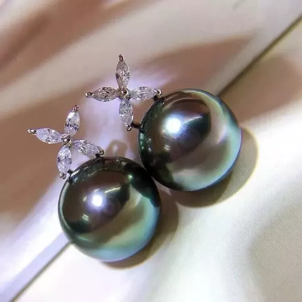 Natural Perfect Round AAAA 9-10mm 10-11 mm South Sea Black Pearl Earrings 925s