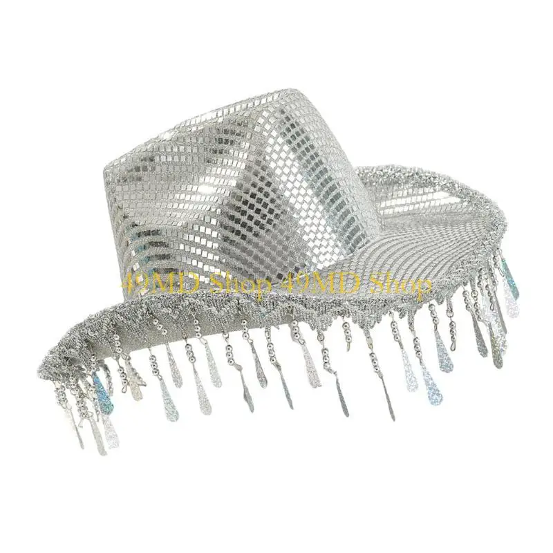 49MD Silver Cowboy Hats Raindrop Tassels Party Bride Hat for Wedding Music Festival