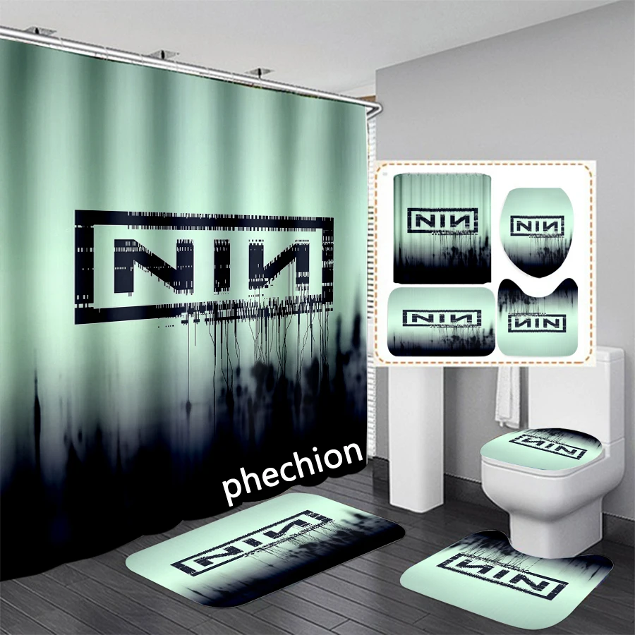 phechion NIN Nine Inch Nails Band 3D Print Shower Curtain Waterproof Bathroom Curtain Anti-slip Bath Mat Set Toilet Rugs VR338